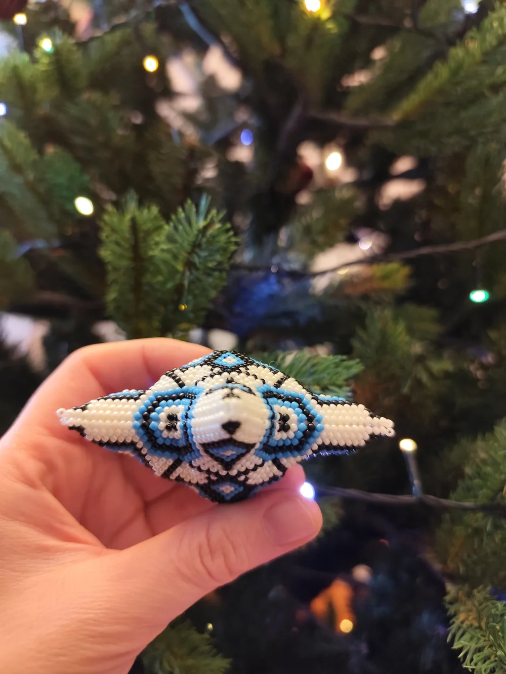Blue, White & Black Beaded Star Ornament - Holiday Tree Accent